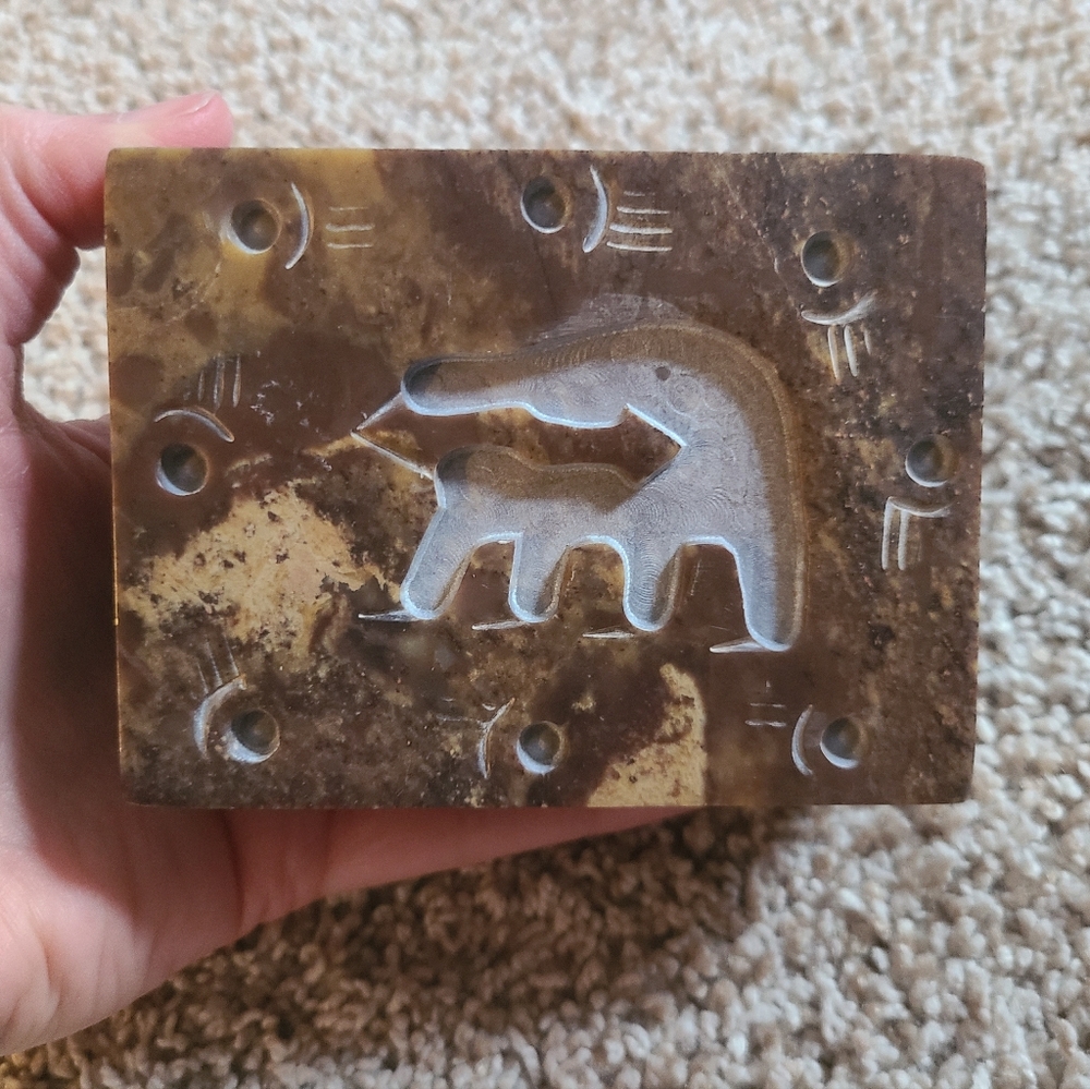 Soapstone Trinket Box With Southwest Bear Carving Made In India